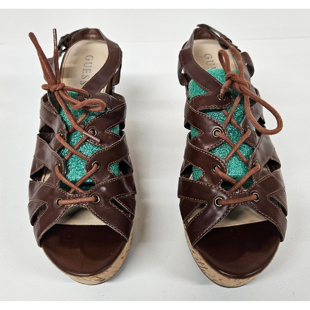 Guess Womens Brown Lace Up Gladiator Cork Wedge Sandals Buckle Strap Platform